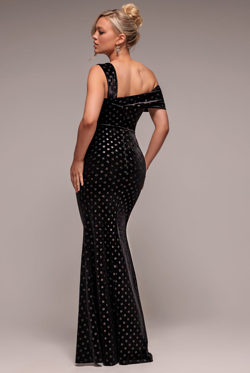 Goddiva Glitter Polka Dot Velvet One Shoulder Maxi Dress - Black