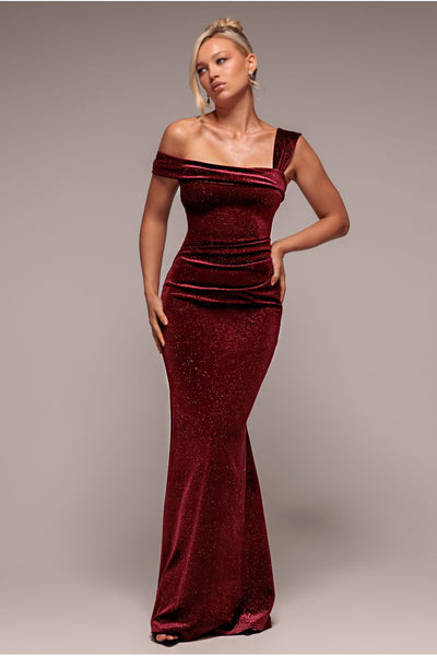 Wine - Goddiva Glitter Polka Dot Velvet One Shoulder Maxi Dress - Wine
