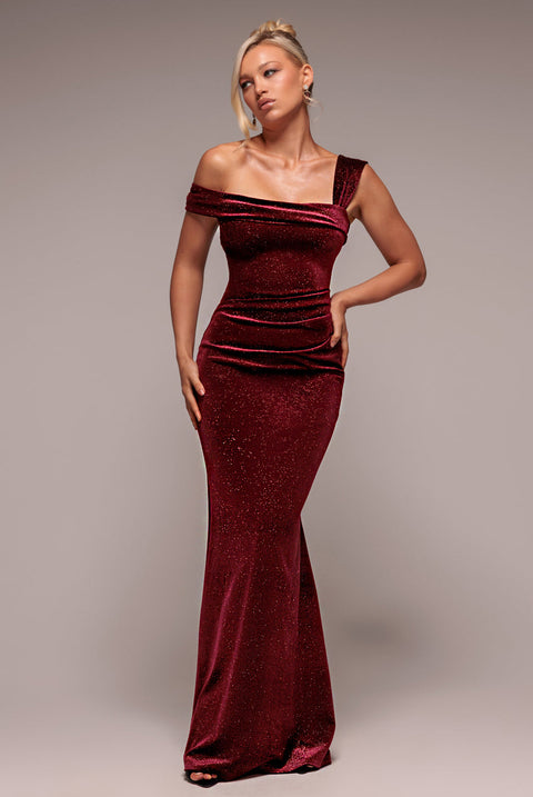 Goddiva Glitter Polka Dot Velvet One Shoulder Maxi Dress - Wine