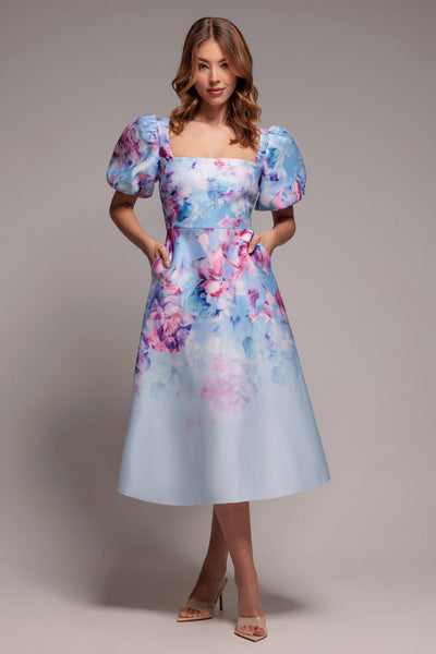 Blue - Goddiva Printed Scuba Square Neck Puff Sleeve Midi Dress - Blue