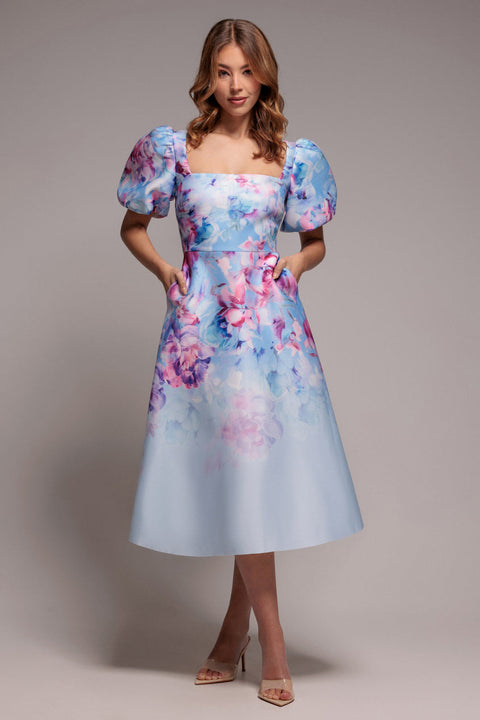 Goddiva Printed Scuba Square Neck Puff Sleeve Midi Dress - Blue