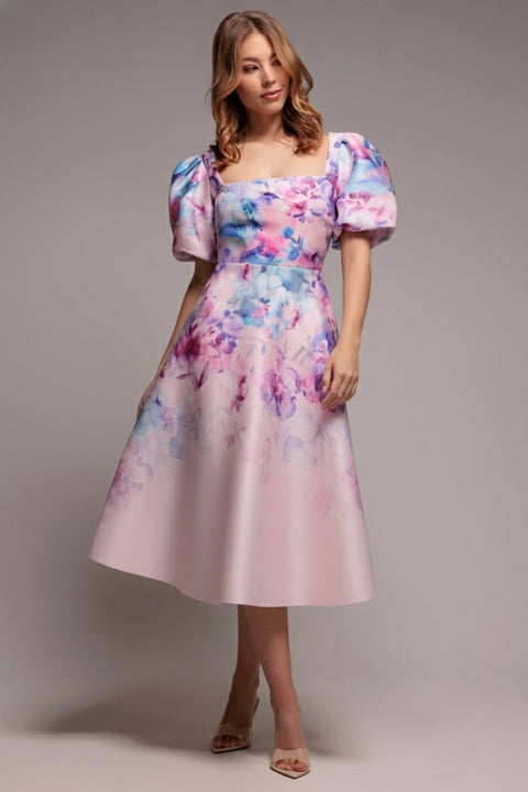 Goddiva Printed Scuba Square Neck Puff Sleeve Midi Dress - Blush Pink