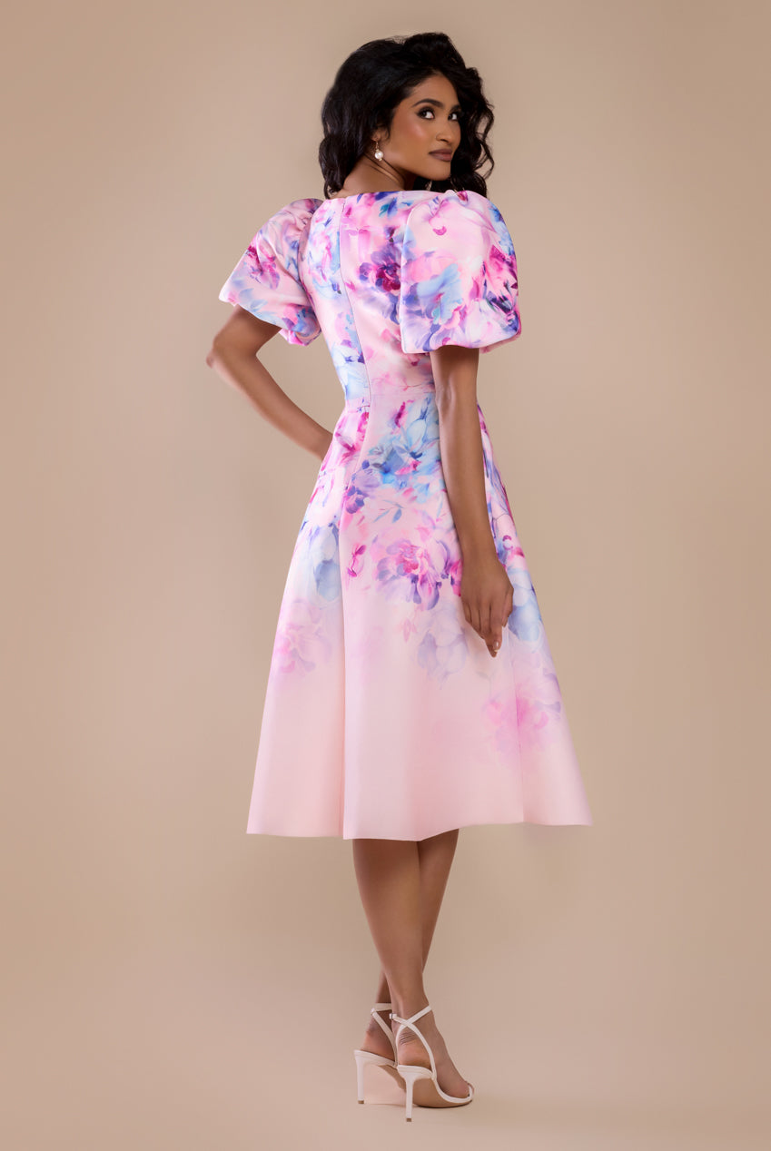Goddiva Printed Scuba Square Neck Puff Sleeve Midi Dress - Blush Pink