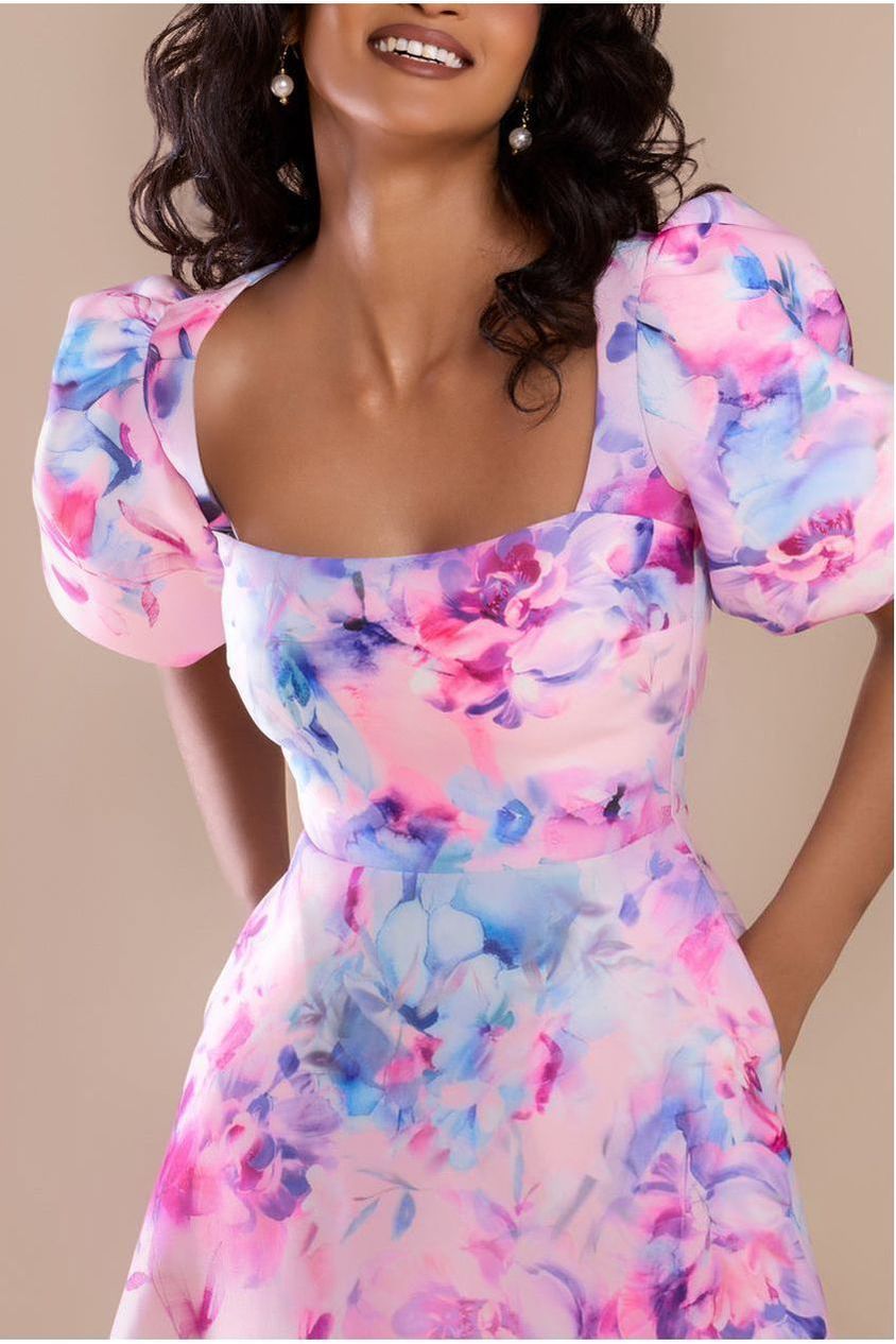 Goddiva Printed Scuba Square Neck Puff Sleeve Midi Dress - Blush Pink