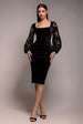 Goddiva Square Neck Scalloped Crochet Sleeve Velvet Midi Dress - Black