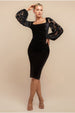 Goddiva Square Neck Scalloped Crochet Sleeve Velvet Midi Dress - Black