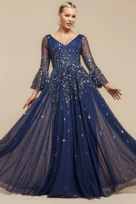 Goddiva Sunray Hand Embellished Sequin A-Line Bell Sleeve Maxi Dress - Navy Blue