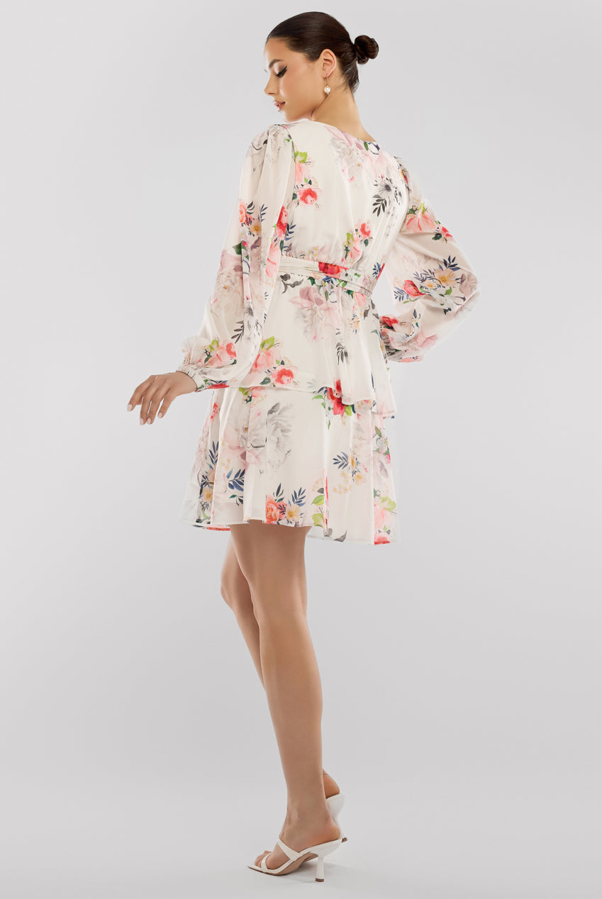 Goddiva Sustainable Tiered Wrap Floral Mini Dress - White Floral