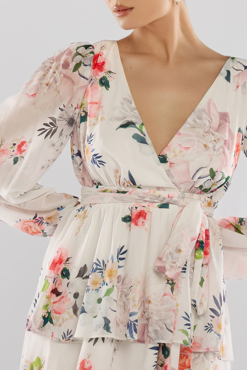 Goddiva Sustainable Tiered Wrap Floral Mini Dress - White Floral
