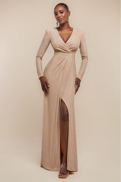 Nude - Goddiva Front Wrap Lurex Bodycon Maxi Dress - Nude