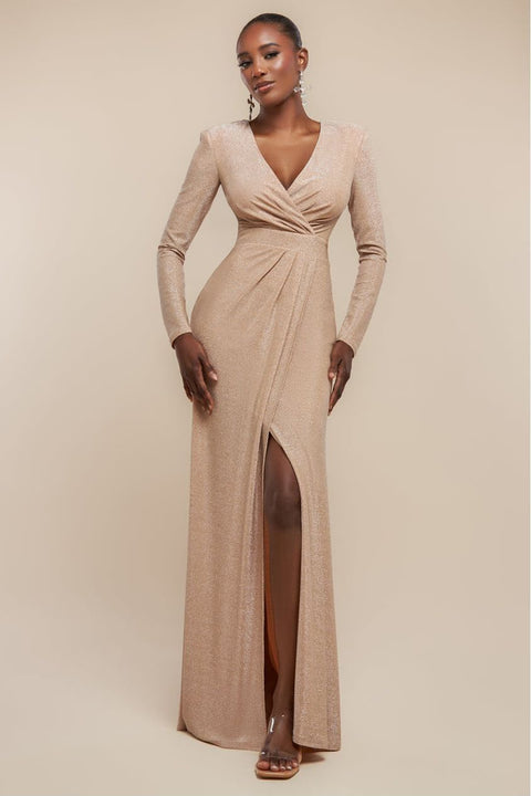 Goddiva Front Wrap Lurex Bodycon Maxi Dress - Nude