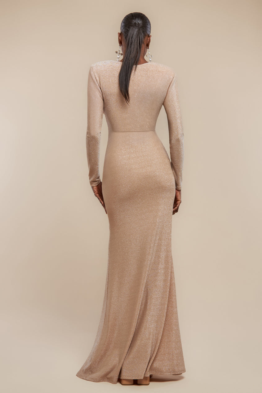 Goddiva Front Wrap Lurex Bodycon Maxi Dress - Nude
