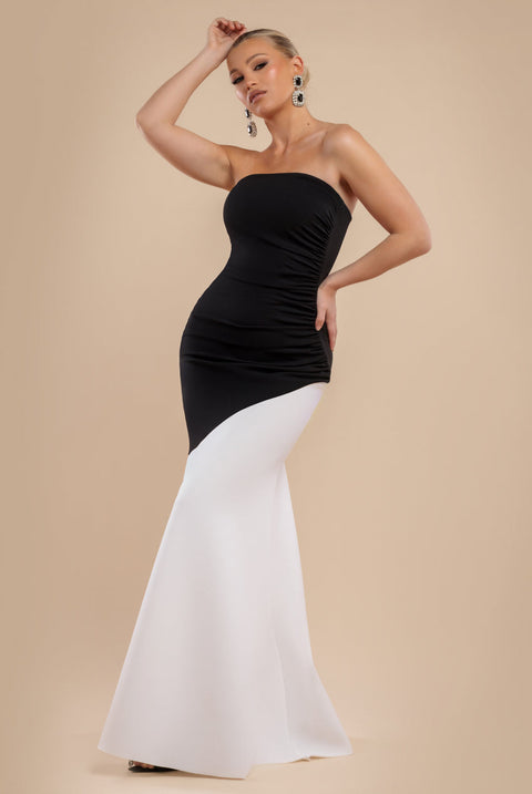 Goddiva Sleeveless Mermaid Hem Monochrome Contrast Maxi Dress- Black Cream