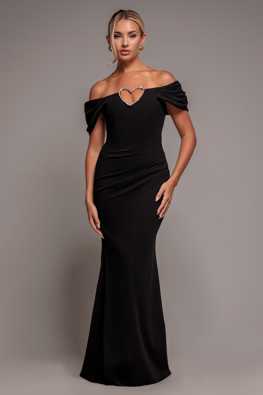 Goddiva Diamante Heart Trim Evening Maxi Dress - Black