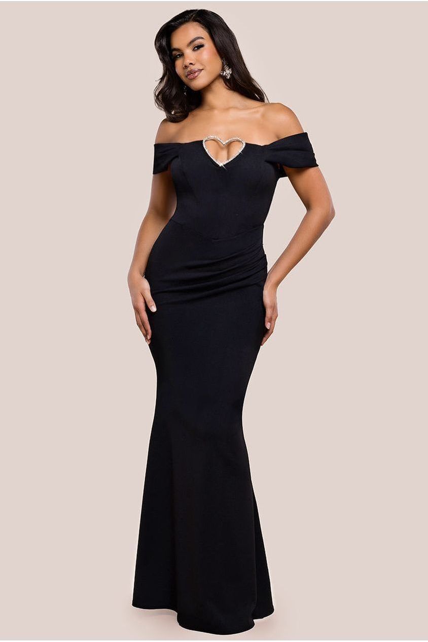 Goddiva Diamante Heart Trim Evening Maxi Dress - Black