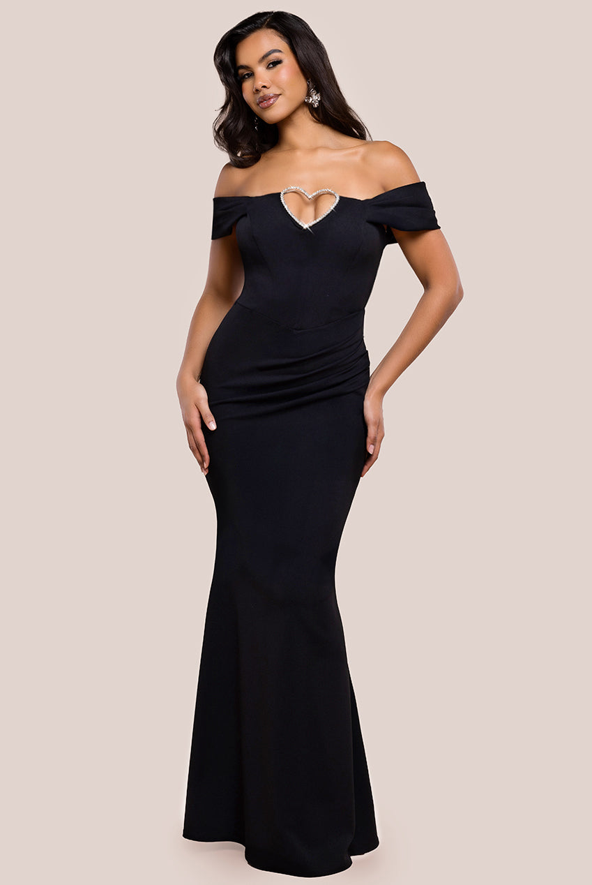 Goddiva Diamante Heart Trim Evening Maxi Dress - Black