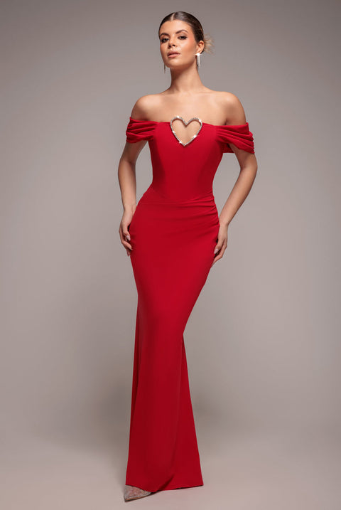 Goddiva Diamante Heart Trim Evening Maxi Dress - Red