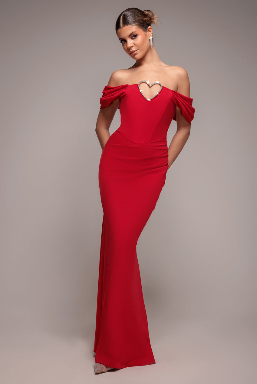 Goddiva Diamante Heart Trim Evening Maxi Dress - Red