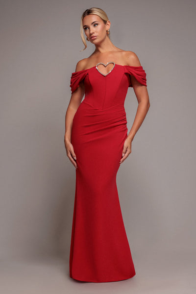 Red - Goddiva Diamante Heart Trim Evening Maxi Dress - Red