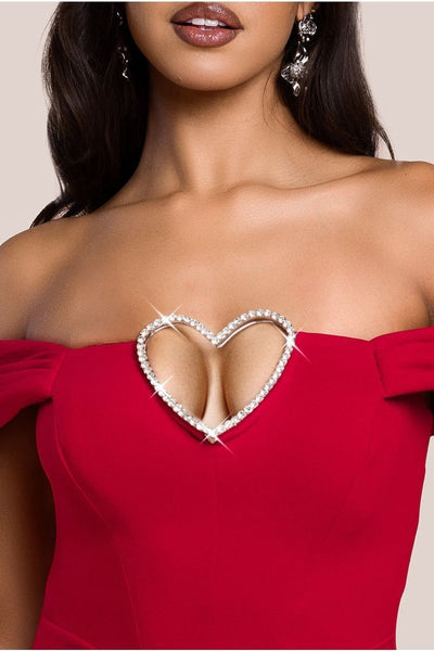 Red - Goddiva Diamante Heart Trim A-Line Mini Dress - Red