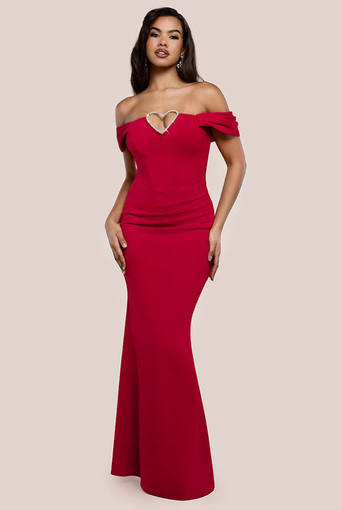 Goddiva Diamante Heart Trim Evening Maxi Dress - Red