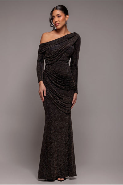 BlackGold - Goddiva Off The Shoulder Gathered Panel Sparkle Lurex Maxi Dress - Black Gold
