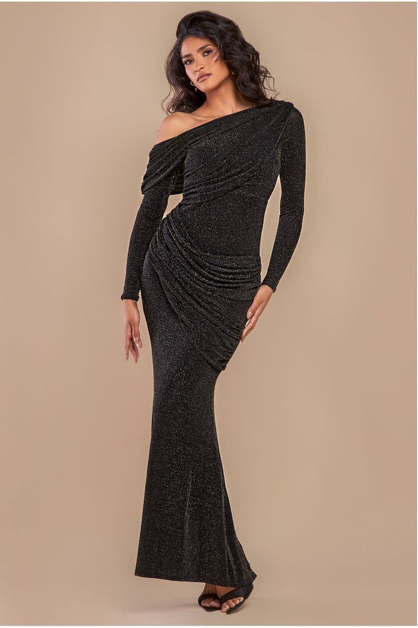 Goddiva Off The Shoulder Gathered Panel Sparkle Lurex Maxi Dress - Black Gold