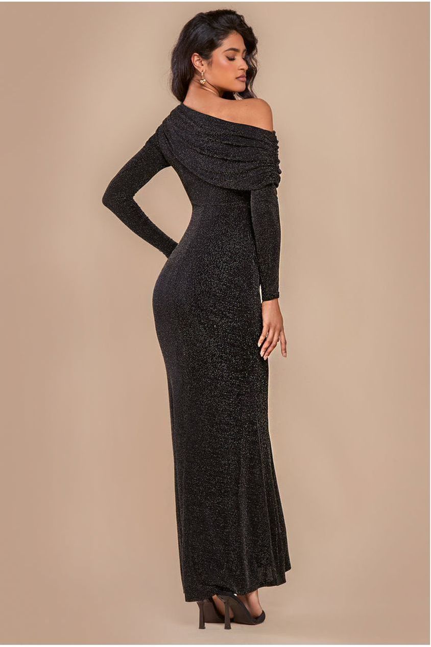 Goddiva Off The Shoulder Gathered Panel Sparkle Lurex Maxi Dress - Black Gold