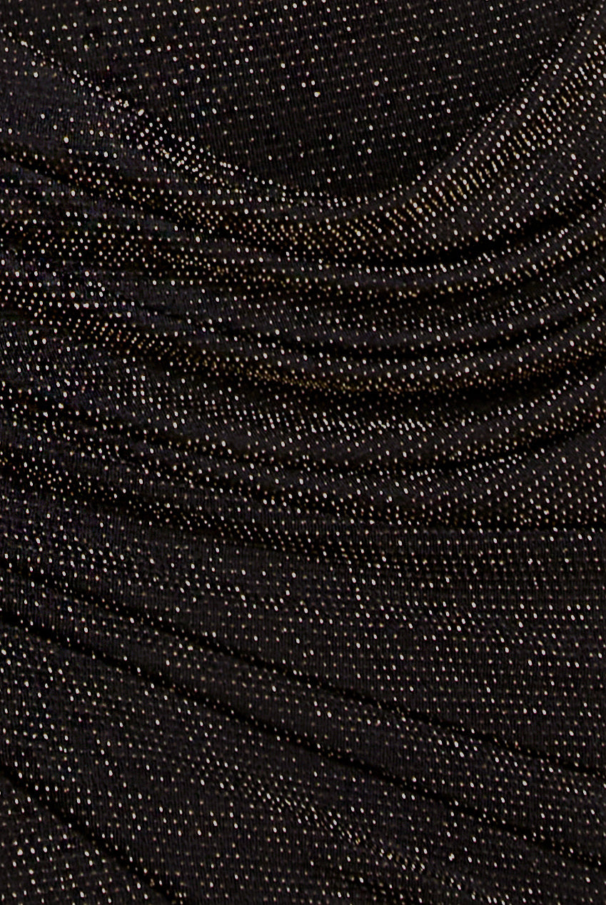 Goddiva Off The Shoulder Gathered Panel Sparkle Lurex Maxi Dress - Black Gold