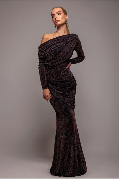 BlackRose - Goddiva Off The Shoulder Gathered Panel Sparkle Lurex Maxi Dress - Black Rose