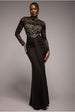 Goddiva Lace High Neck Sheer Bodice Long Sleeve Maxi Dress - Black