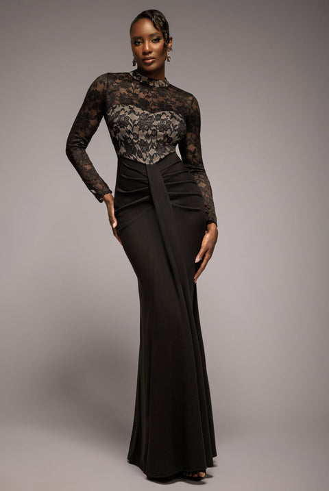 Goddiva Lace High Neck Sheer Bodice Long Sleeve Maxi Dress - Black