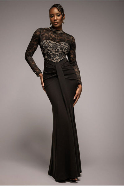 Black - Goddiva Lace High Neck Sheer Bodice Long Sleeve Maxi Dress - Black