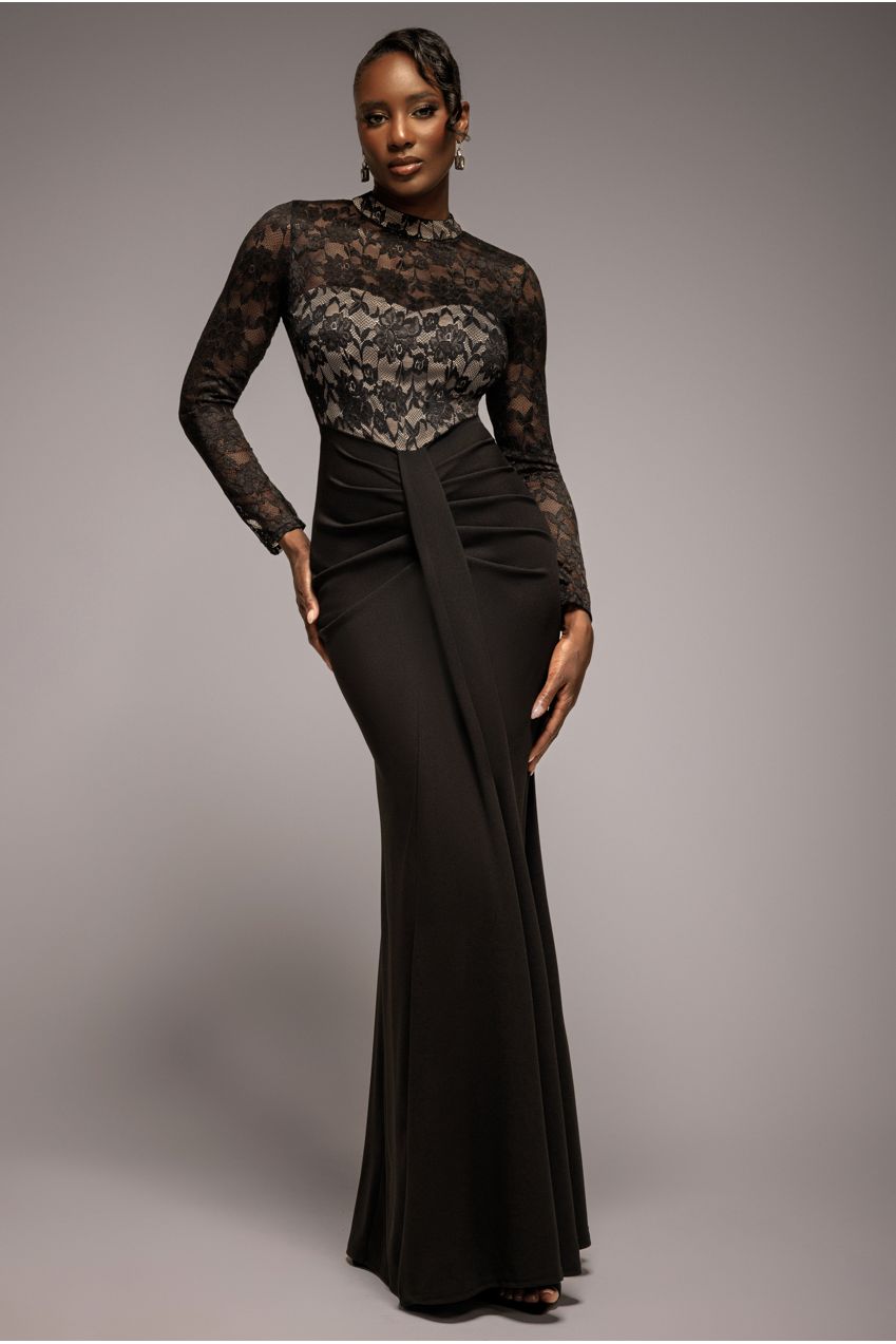 Goddiva Lace High Neck Sheer Bodice Long Sleeve Maxi Dress - Black