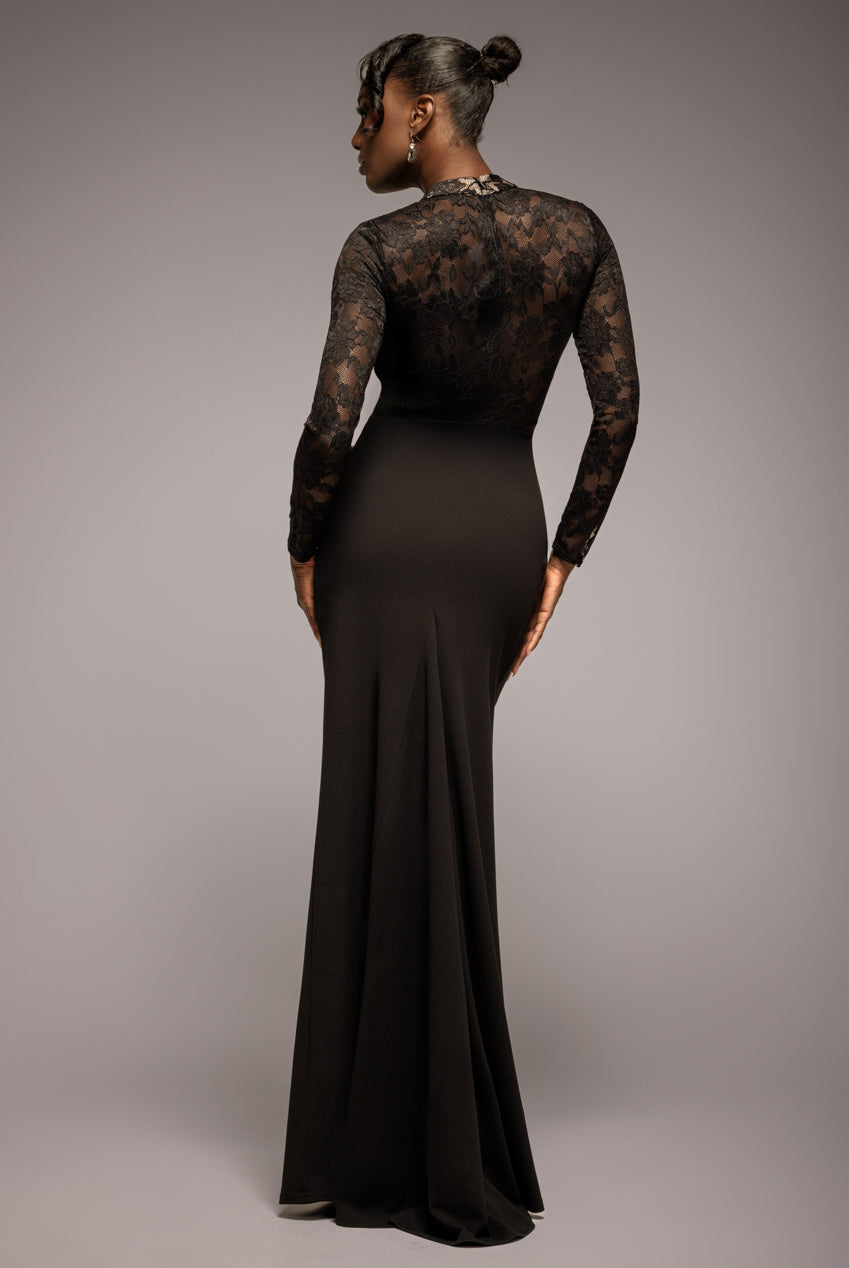 Goddiva Lace High Neck Sheer Bodice Long Sleeve Maxi Dress - Black