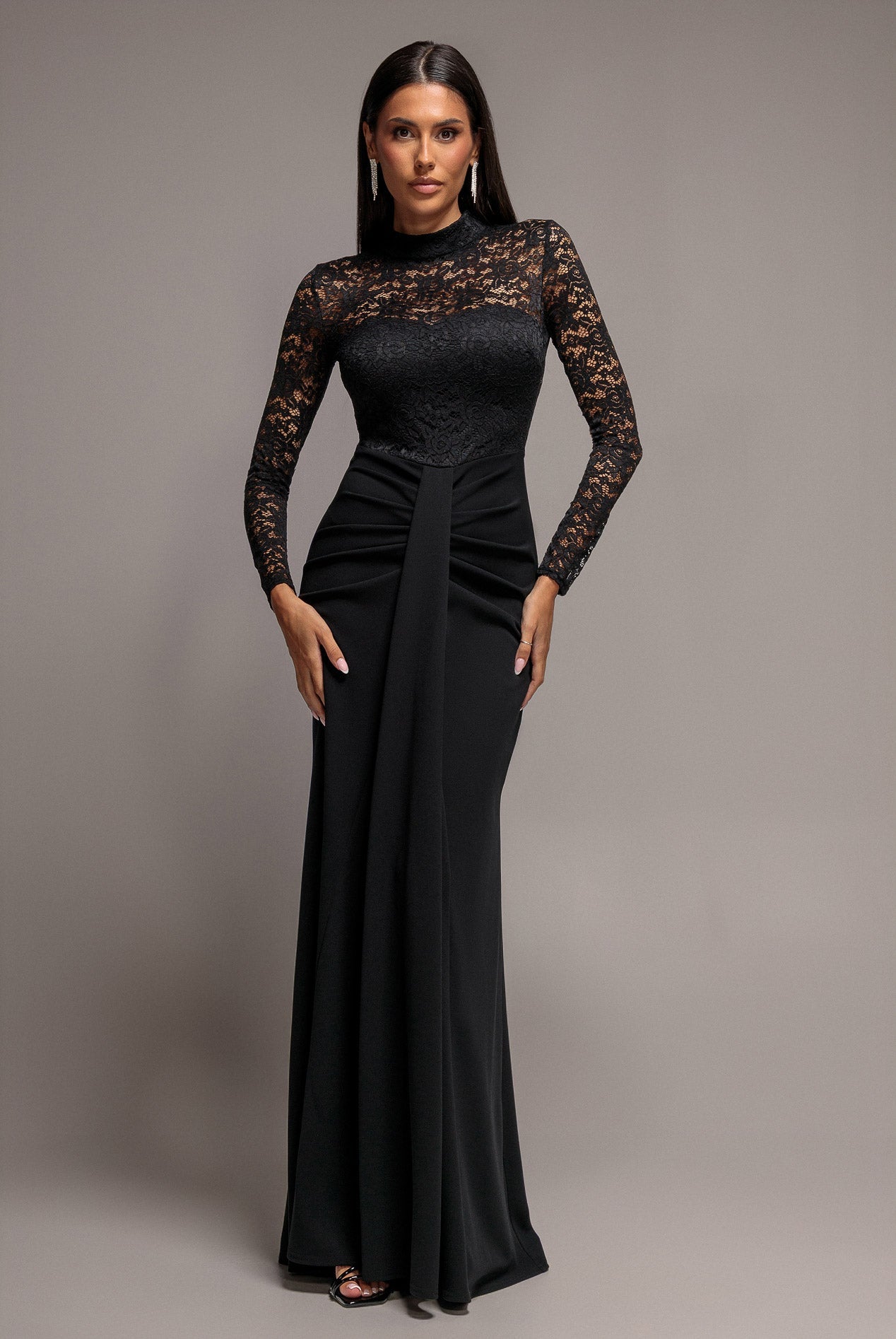 Goddiva Lace High Neck Sheer Bodice Long Sleeve Maxi Dress - Black