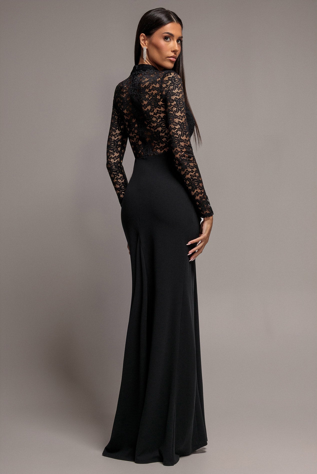 Goddiva Lace High Neck Sheer Bodice Long Sleeve Maxi Dress - Black