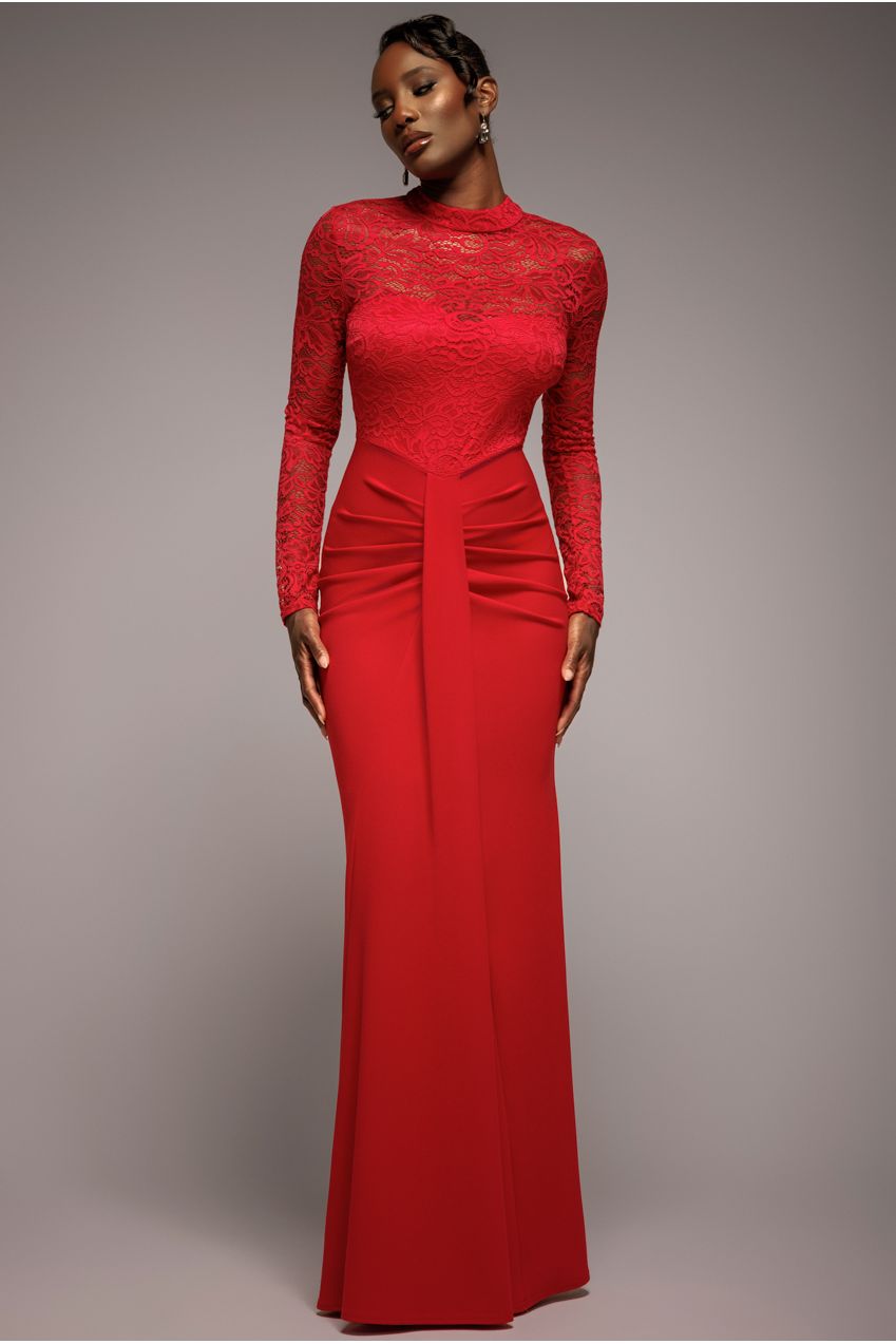 sheer red maxi dress Lace High Neck Bodice Long Sleeve - parentId:251541 destined to leave a Minimal Simple Crepe Wedding Color:IVORY/BLACK/GUNMETAL