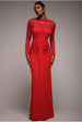 Goddiva Lace High Neck Sheer Bodice Long Sleeve Maxi Dress - Red