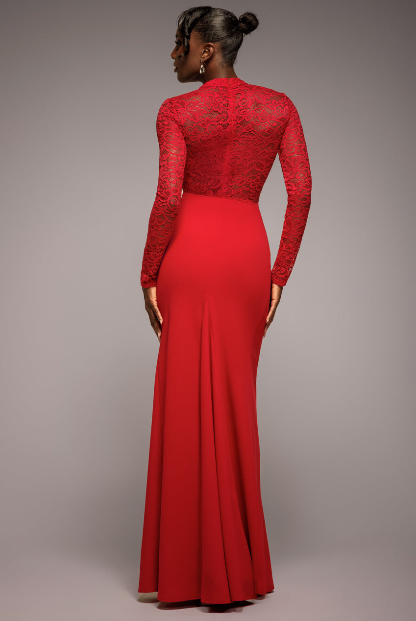Goddiva Lace High Neck Sheer Bodice Long Sleeve Maxi Dress - Red