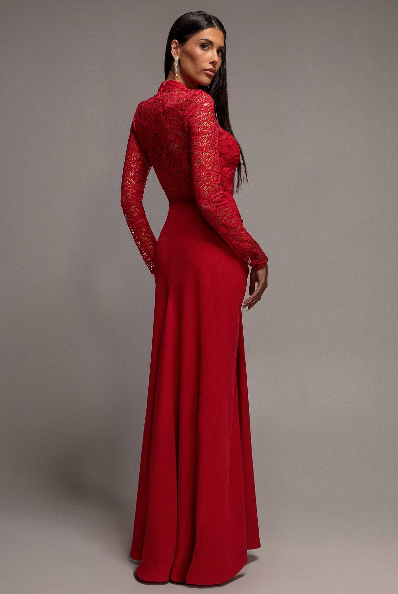 Goddiva Lace High Neck Sheer Bodice Long Sleeve Maxi Dress - Red