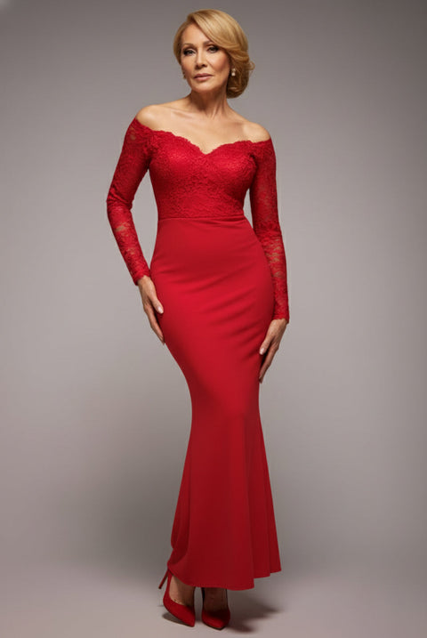 Goddiva Scalloped Lace Bodice Long Sleeve Bardot Maxi Dress - Red