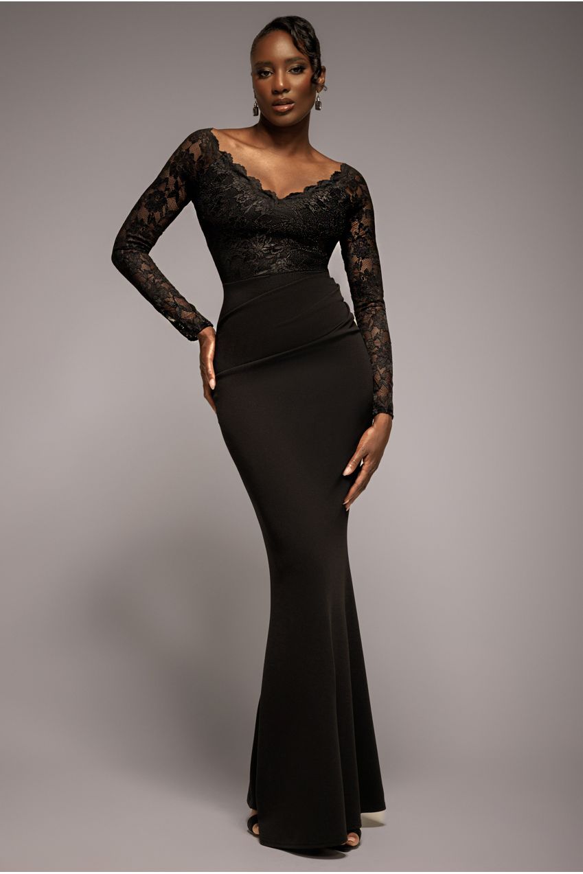 Scalloped Lace Bodice Long Sleeve Bardot Maxi Dress - Black | Goddiva US Scalloped Lace Bodice Long Sleeve Bardot Maxi Dress - Black | Goddiva US