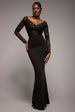 Goddiva Scalloped Lace Bodice Long Sleeve Bardot Maxi Dress - Black