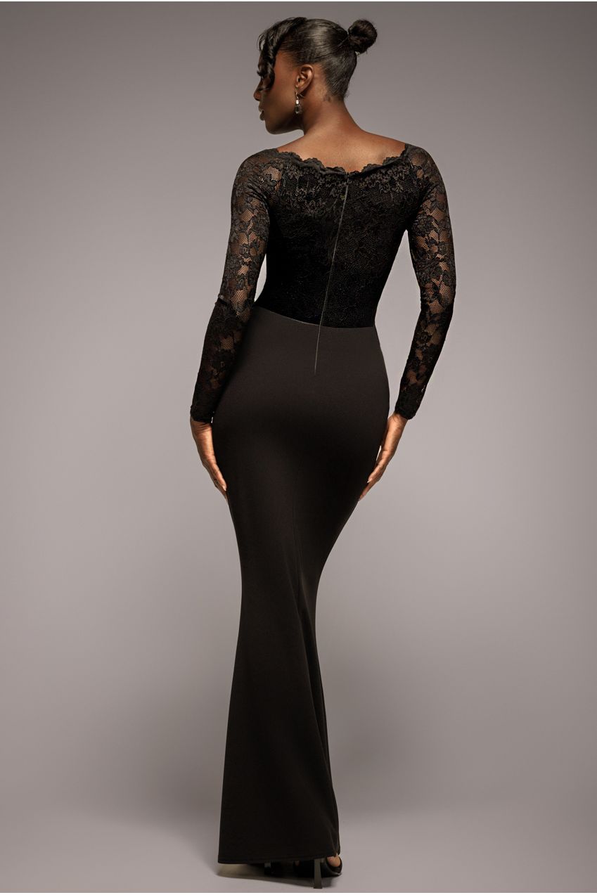 Goddiva Scalloped Lace Bodice Long Sleeve Bardot Maxi Dress - Black