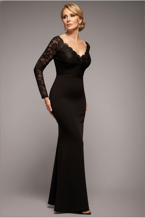 Goddiva Scalloped Lace Bodice Long Sleeve Bardot Maxi Dress - Black