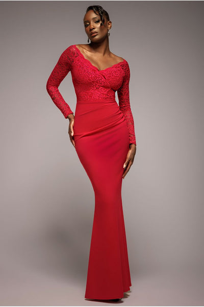 Red - Goddiva Scalloped Lace Bodice Long Sleeve Bardot Maxi Dress - Red