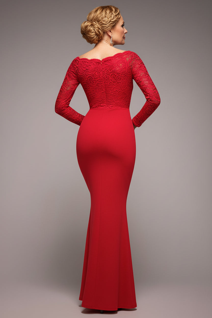 Goddiva Scalloped Lace Bodice Long Sleeve Bardot Maxi Dress - Red
