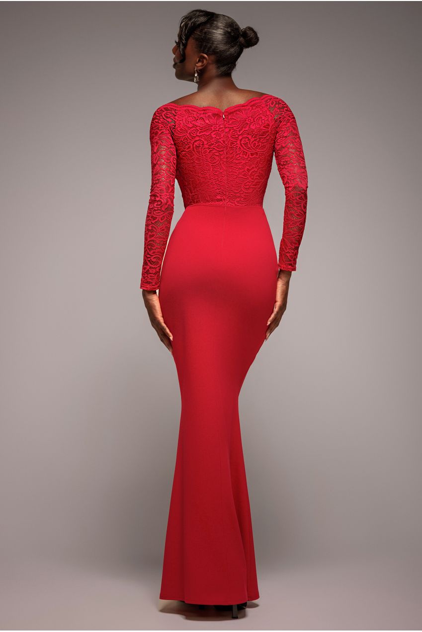 Goddiva Scalloped Lace Bodice Long Sleeve Bardot Maxi Dress - Red