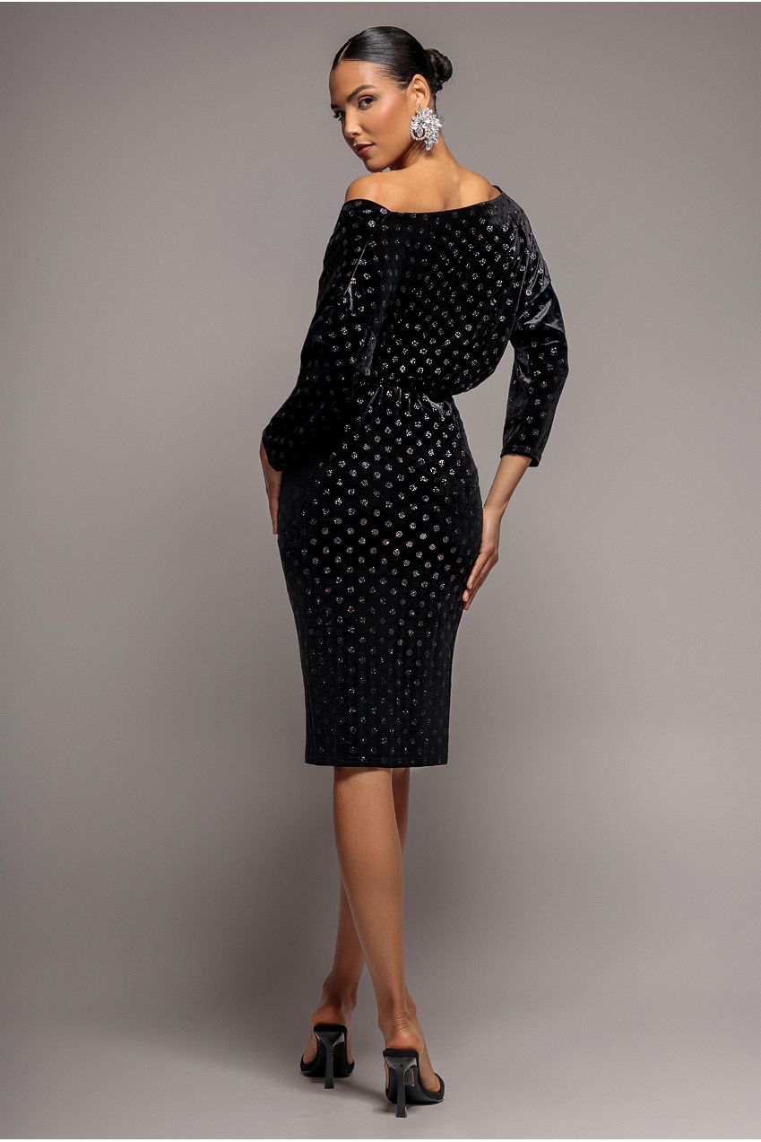 Goddiva Glitter Velvet Cowl Neck Sheath Midi Dress - Black